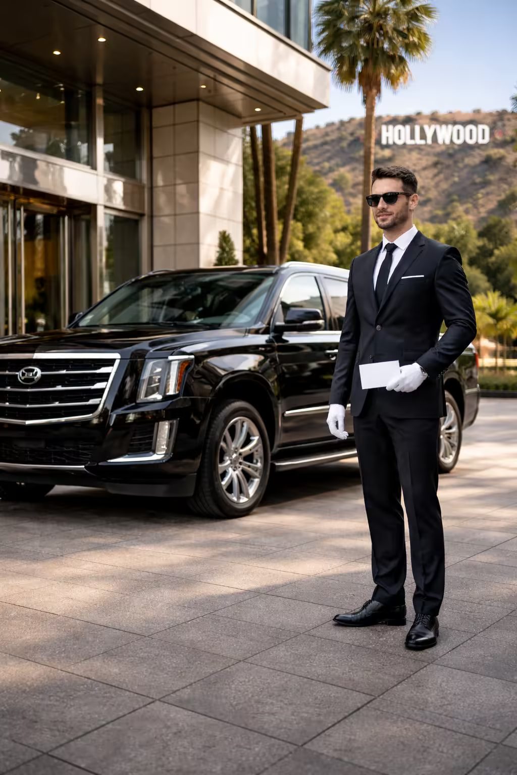 iRide360 professional chauffeur beside a luxury black vehicle in Los Angeles